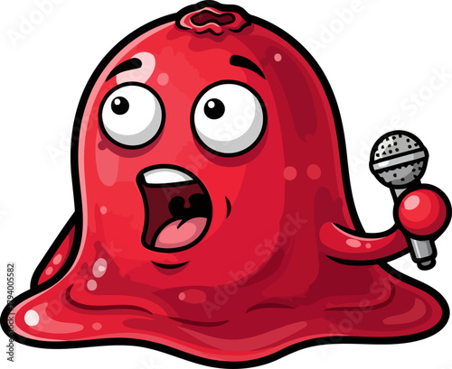 ecstatic red creature unleashes powerful vocals into microphone, delivering energetic live show, isolated on transparent background