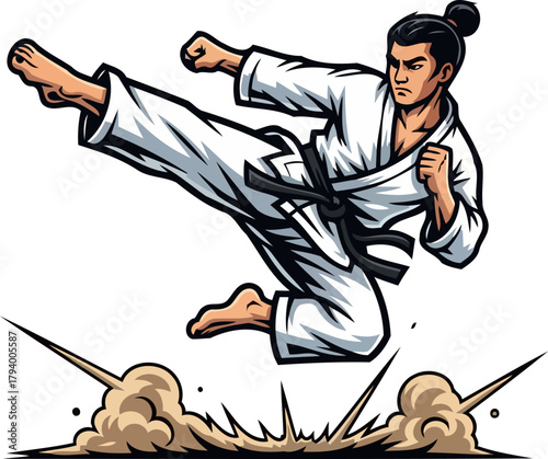 dynamic martial artist delivers powerful airborne kick, symbolizing peak performance and disciplined strength, isolated on transparent background