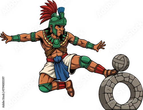 dynamic precolumbian ballplayer executes powerful shot in traditional game, isolated on transparent background