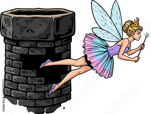enchanted pixie sorceress awakens magic leaping from the depths of a dark wishing well, isolated on transparent background