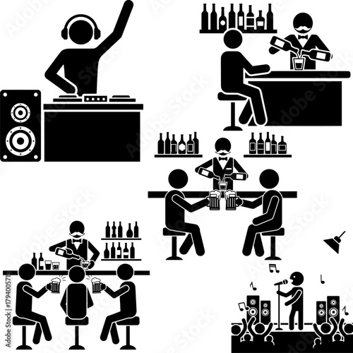 Stick Figures of DJ, Bartender, and Party People Vector