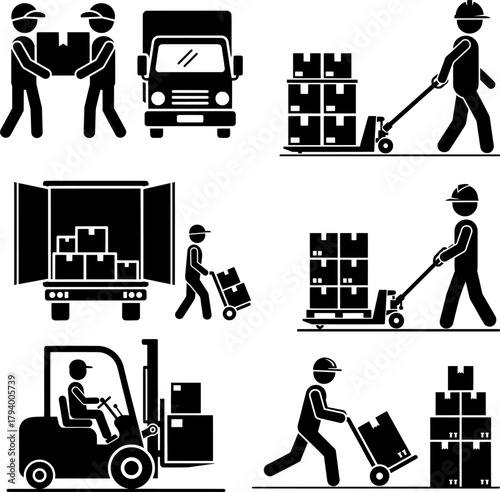 Warehouse Shipping and Freight Service Stick Figures Vector