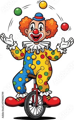 enchanting clowns grand act masterful juggling performance while balancing on a unicycle, isolated on transparent background