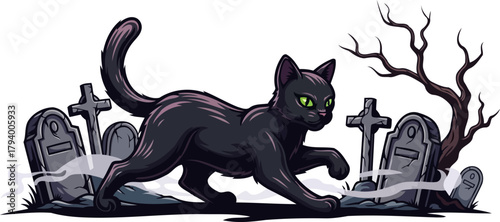 enigmatic midnight cat embarks on eerie graveyard journey, eyes gleaming mysteriously, isolated on transparent background