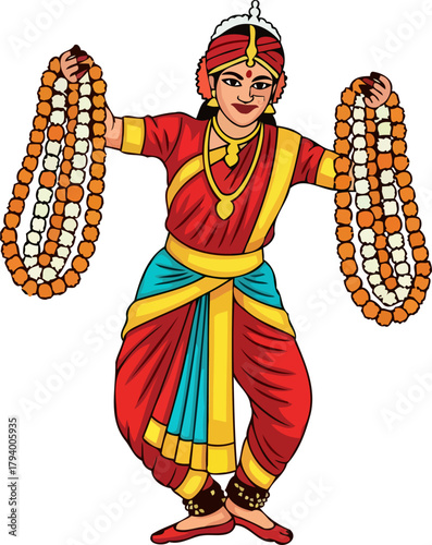 enthusiastic festival participant displays colorful flower garlands, embodying joyous cultural welcome, isolated on transparent background