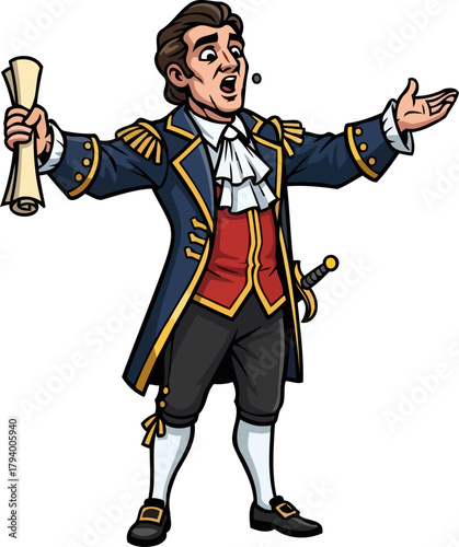 esteemed historical figure delivers monumental announcement, captivating audiences with eloquent speech and command, isolated on transparent background