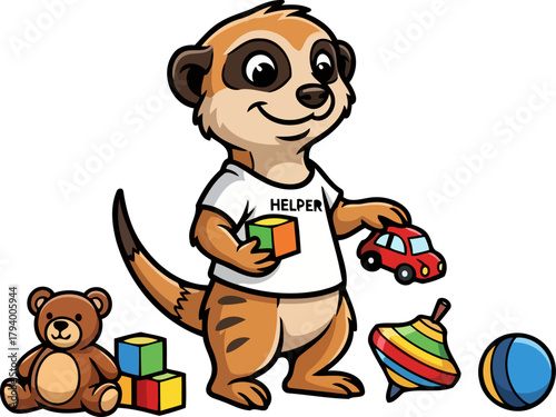 enthusiastic meerkat helper organizes vibrant toys, inspiring imaginative childhood adventures, isolated on transparent background
