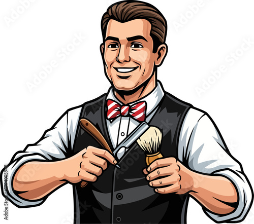 expert artisan of style welcomes guests to timeless grooming experience, isolated on transparent background