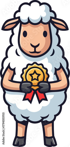 esteemed woolly champion proudly displays golden medal of outstanding achievement, isolated on transparent background