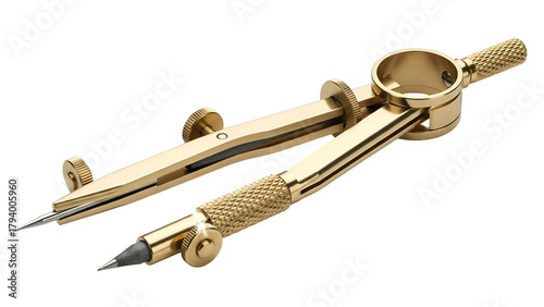 Polished brass drafting compass with lead attachment rests against a solid black background