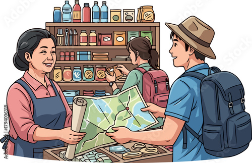 friendly shopkeeper assists backpacker, sharing local knowledge for an unforgettable journey, isolated on transparent background