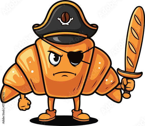 golden croissant pirate boldly sails the pastry seas, brandishing a fierce baguette blade, isolated on transparent background