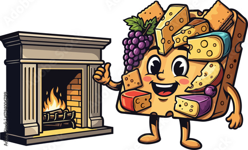 gourmet cheese character gives thumbsup to inviting fireside winter ambiance, isolated on transparent background
