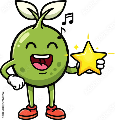 grinning green hero proudly showcases its sparkling golden victory star, isolated on transparent background