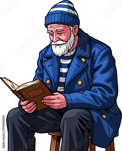 grizzled sailor finds quiet contemplation, immersed deeply within a captivating literary journey, isolated on transparent background