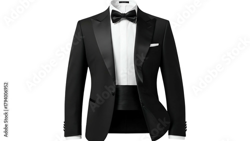 Formal evening wear ensemble featuring a black dinner jacket and bow tie displayed against a dark background
