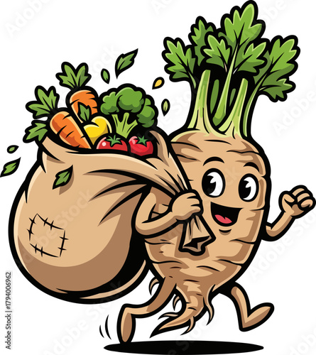 happy garden root carrying fresh vegetables for a wholesome food delivery, isolated on transparent background