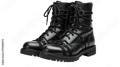 Pair of high-top leather lace up boots shown against a solid dark background