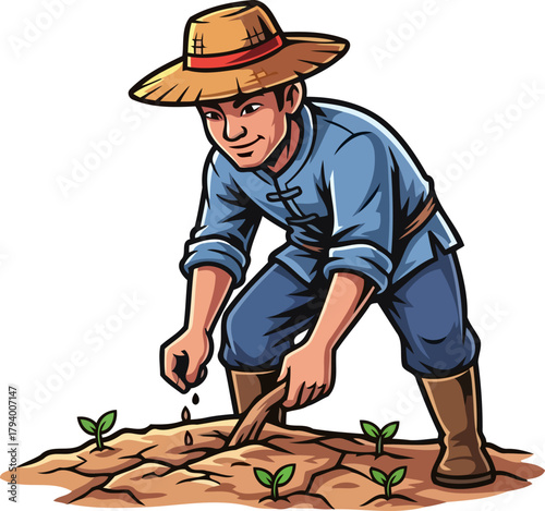 hopeful farmer cultivates earths promise, sowing seeds for a bountiful future, isolated on transparent background