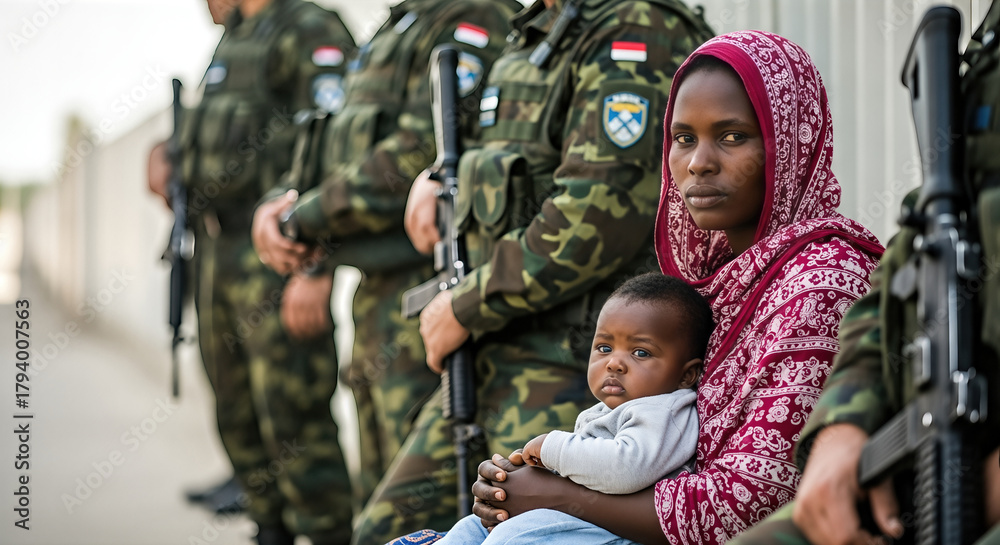 Fototapeta premium African woman holding baby, seated on ground, surrounded by armed soldiers in camouflage uniforms, conveying the emotional weight of migration and human grief in a tense border environment