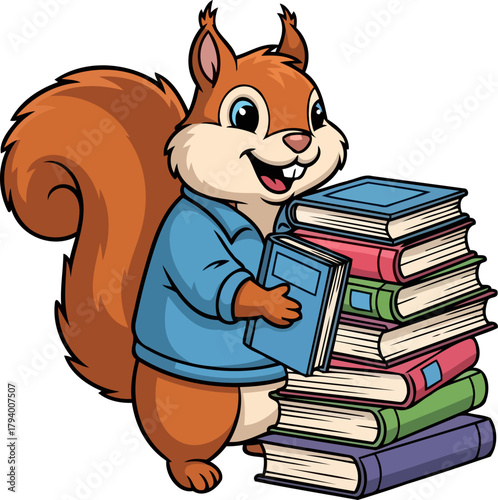 joyful cartoon squirrel builds a towering book collection, symbolizing dedication to academic enrichment, isolated on transparent background