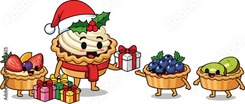 joyful dessert tarts share festive gifts, celebrating sweet camaraderie and holiday spirit, isolated on transparent background