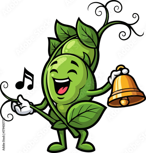 joyful pea pod mascot rings a golden bell, inviting all to a melodic celebration, isolated on transparent background