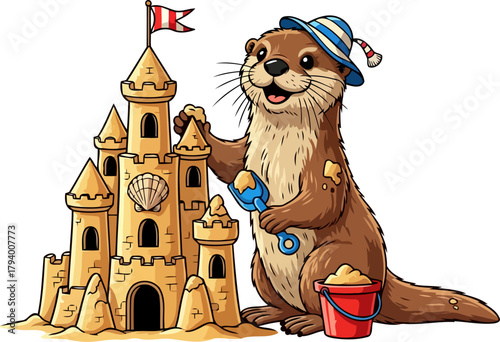 joyful river dweller crafts a majestic seaside fortress, building grand childhood dreams, isolated on transparent background