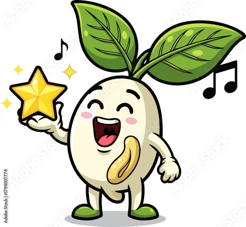 joyful sprout sings triumphantly, holding a golden star of achievement, isolated on transparent background