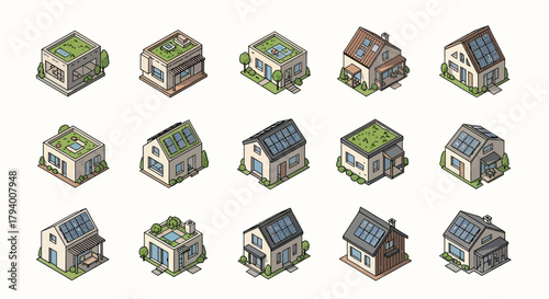 Isometric illustration showcasing a variety of houses with green roofs and solar panels, promoting sustainable and eco-friendly living.