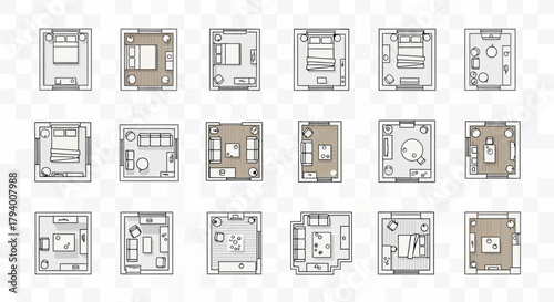 Various room layouts from a top-down perspective, showcasing furniture placement and spatial arrangements in square rooms.