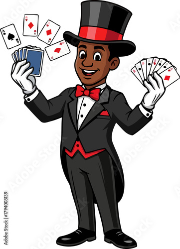 master illusionist charms spectators, conjuring amazing card feats with confident style, isolated on transparent background