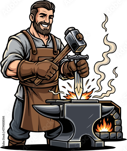 master blacksmith shapes destiny crafting a mighty blade with fiery determination, isolated on transparent background