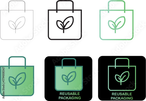Eco-Friendly Reusable Packaging Icons with Leaf Design in Gradient Style