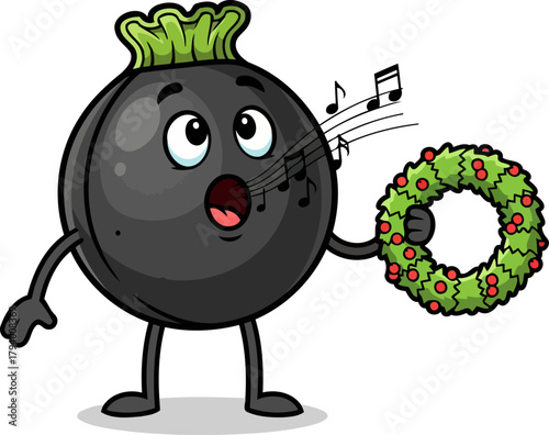 melodious black radish character joyfully sings christmas carols holding evergreen wreath, isolated on transparent background