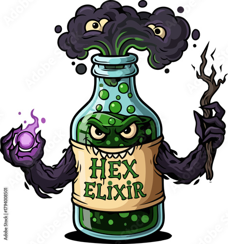 mischievous hex elixir bottle awakens, conjuring dark spells with glowing orb and staff, isolated on transparent background