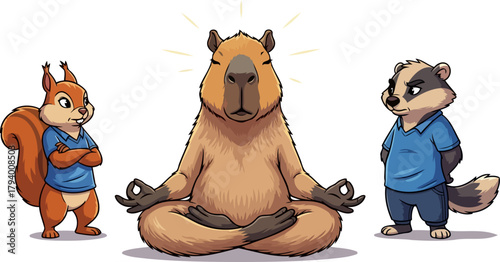 mindful capybara embraces tranquility, contrasting with companions wary, questioning gazes, isolated on transparent background