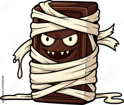 mischievous chocolate mummy cartoon character with spooky eyes for halloween treats, isolated on transparent background