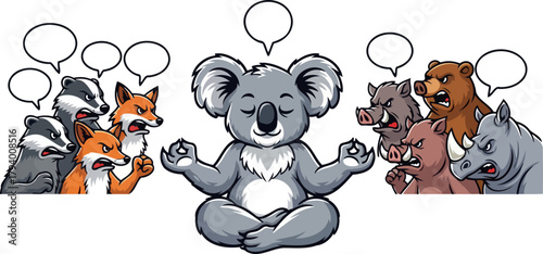mindful koala anchors peace amidst shouting beasts, guiding towards collective harmony, isolated on transparent background