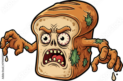 monstrous moldy loaf awakens, shambling with undead hunger and fungal decay, isolated on transparent background