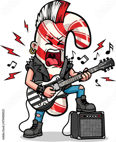 mohawked candy cane rockstar unleashes a festive, highenergy guitar riff, isolated on transparent background