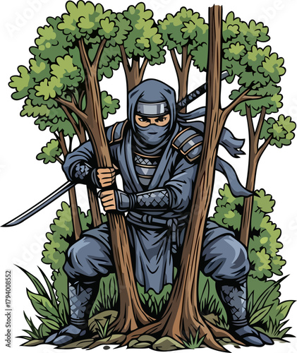 mysterious ninja figure poised between trees, executing a flawless stealth maneuver, isolated on transparent background