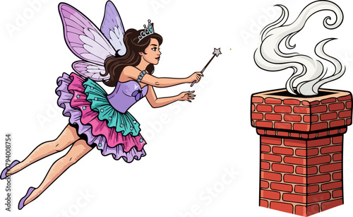 mystical winged enchantress ignites chimney warmth with a sparkling magical touch, isolated on transparent background