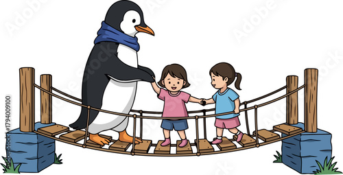 playful penguin and little explorers conquer a rope bridge together joyfully, isolated on transparent background