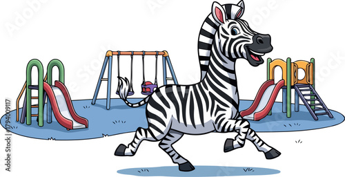 playful zebra prancing joyfully through a colorful childrens playground adventure, isolated on transparent background
