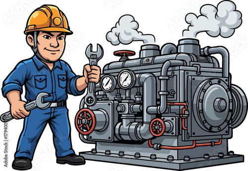 proactive engineering professional expertly servicing robust heavy machinery, isolated on transparent background