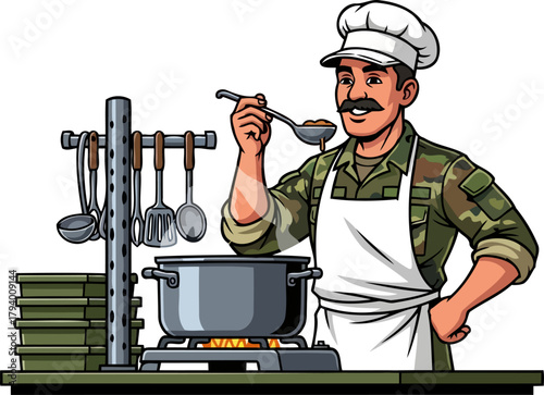 professional military cook skillfully prepares comforting food, embodying service beyond the battlefield, isolated on transparent background