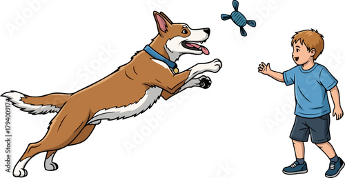 pure fun a loyal dog springs midair, chasing its toy with a boy, isolated on transparent background