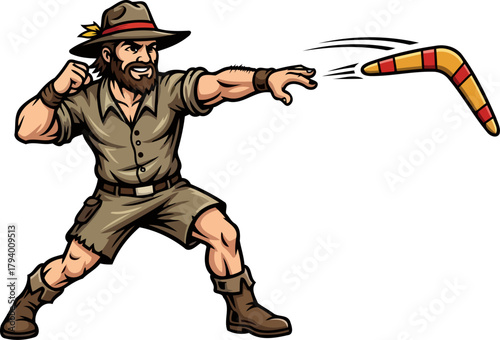 rugged adventurer masterfully hurls boomerang with focused precision and wild spirit, isolated on transparent background