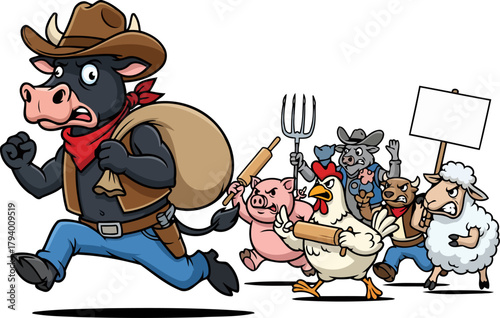 runaway cowboy bull faces angry farm animal uprising with stolen treasures, isolated on transparent background